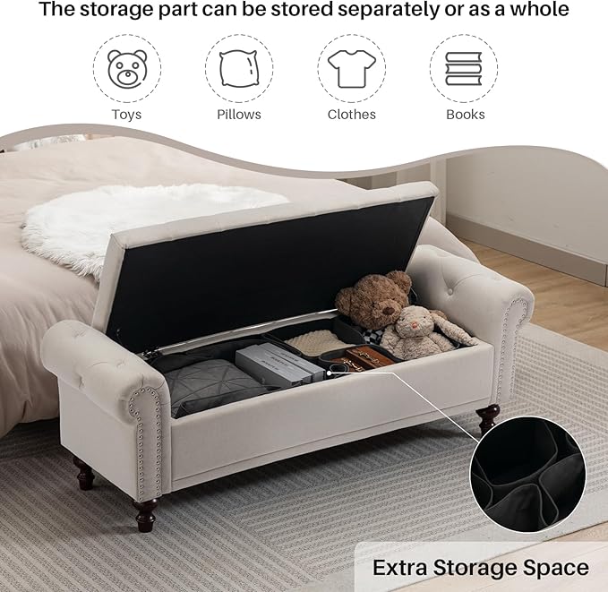 58.1" Storage Bench Upholstered Linen End of Bedroom Bed Bench Ottoman with Tufted Cushioned Rolled Arm Large Storage Space for Reading Living Room Entryway, Beige