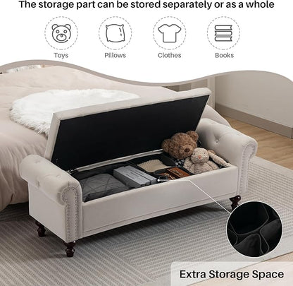 58.1" Storage Bench Upholstered Linen End of Bedroom Bed Bench Ottoman with Tufted Cushioned Rolled Arm Large Storage Space for Reading Living Room Entryway, Beige