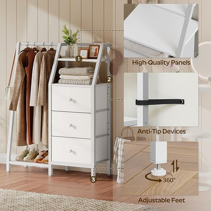 Dresser with Hanging Rack, Reversible Chest of Drawers for Bedroom, 3 Fabric Storage Drawers Dresser with Clothes Rack and Open Shelf, for Closet, Entryway, White