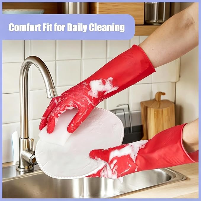 Rubber Kitchen Dishwashing Gloves - 4 Pairs Colorful Reusable Cleaning Gloves for Kitchen Washing Dishes and Household Cleaning (Medium, Yellow+Red)