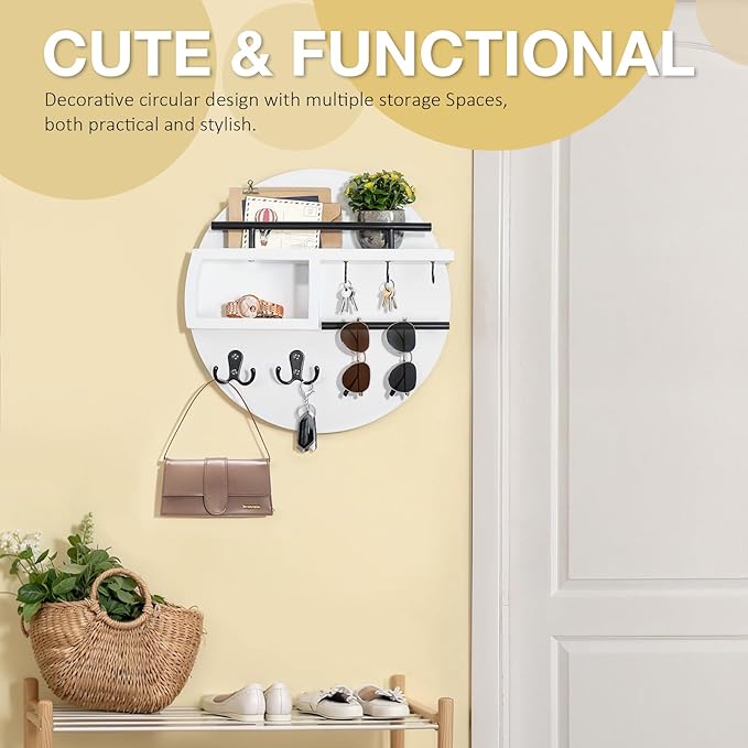 kuaima Key Holder Wall Mount, Round Wooden Key Rack with Shelf, Sunglasses Hanger, Storage Box, Multi Hooks, 12 Inch, White and Black