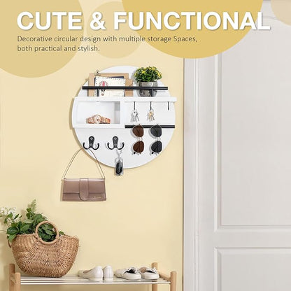 kuaima Key Holder Wall Mount, Round Wooden Key Rack with Shelf, Sunglasses Hanger, Storage Box, Multi Hooks, 12 Inch, White and Black