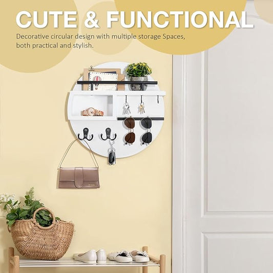 kuaima Key Holder Wall Mount, Round Wooden Key Rack with Shelf, Sunglasses Hanger, Storage Box, Multi Hooks, 12 Inch, White and Black
