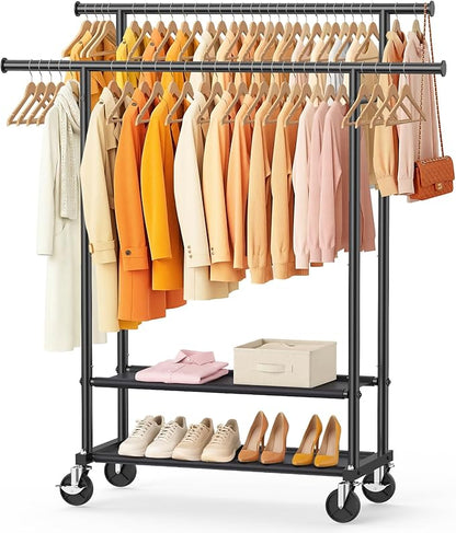 Double Rods Clothes Rack, Rolling Clothing Rack for Hanging Clothes Closet Rack with Wheels, Metal Portable Garment Rack with Double Shelves for Bedroom Laundry Living Room, Black