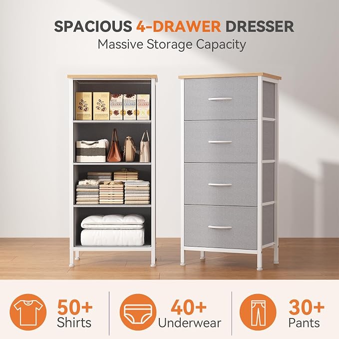 Sweetcrispy 4 Drawer Fabric Dresser Storage Tower Nightstand Chest | Small bedroom dresser and nightstand with sturdy frame,Perfect for closet,entryway,dorm,Easy assembly,Light Gray