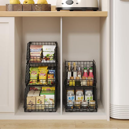 3-Tier Stackable Wire Baskets for Counter, Fruit and Vegetable Storage, Potato and Onion Storage Bin，Kitchen Pantry Organizer - Wall Basket for Produce/Snack/Can, Black