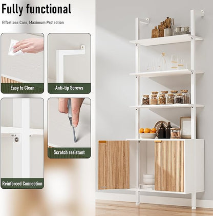 INNOD 74" Tall Bookshelf with Storage Cabinet, Modern Ladder Shelf with Wood and Metal Frame, Wall Mount Bookcase Open Display Shelf Furniture for Living Room, Bedroom, Home Office, White and Oak