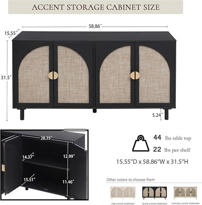 Black Sideboard Buffet Cabinet, 4-Door Rattan Storage Cabinet, Coffee Bar with Adjustable Shelf, Accent Furniture for Living Room, Entryway, Home Office, Black