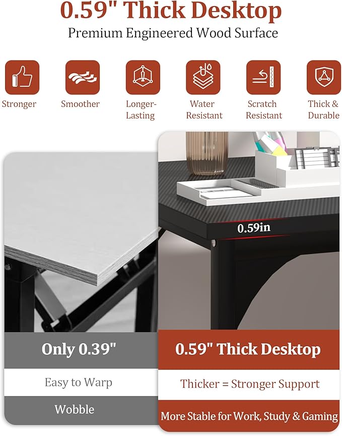 Computer Desk 55.1" Office Desk, Extra Wide 23.62” Carbon Fiber Deep Desktop, 0.59” Thick Heavy-Duty Home Office Desks, Office Table with Steel Frame, Wood Desk for Bedroom Study Writing Gaming Work