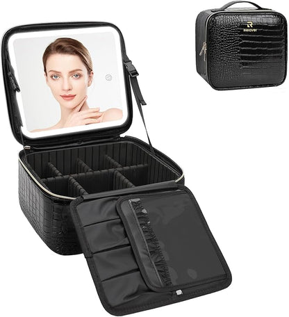 Relavel Makeup Train Case With LED Mirror, Professional Travel Cosmetic Bag with Removable Partitions,Compact Makeup Organizer, Waterproof Toiletry Case for Women, Black