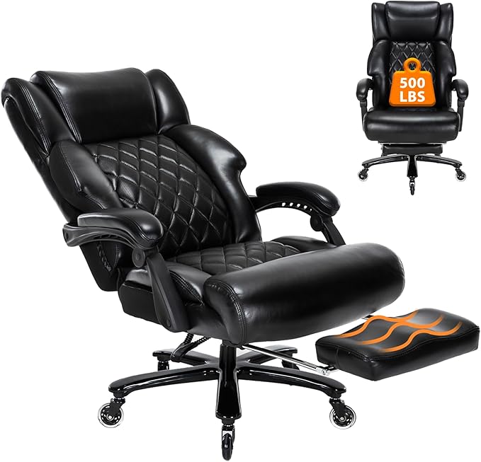 500 LBS Big and Tall Office Chair with Foot Rest High Back Recline Ergonomic Chair for Heavy People, Executive Office Chair Comfortable for Home Office, Large Computer Desk Chair Black
