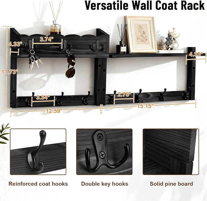 28" Coat Rack Wall Mount with Shelf, Entryway Key Holder Wall Mount Wood Wall Coat Hooks with 7 Hooks 3 Key Hanger, Wall Mounted Coat Rack Mail Holder for Living Room, Bedroom