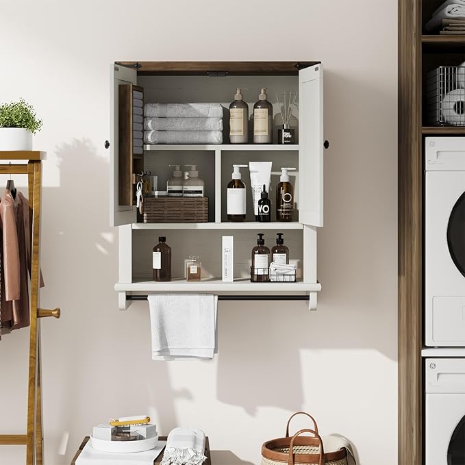 QUW Farmhouse Bathroom Wall Cabinet, Modern Medicine Cabinets with Towel Bar & Jewelry Holder, Over The Toilet Storage Cabinet with Barn Door for Laundry, Living Room, Hallway, Antique White