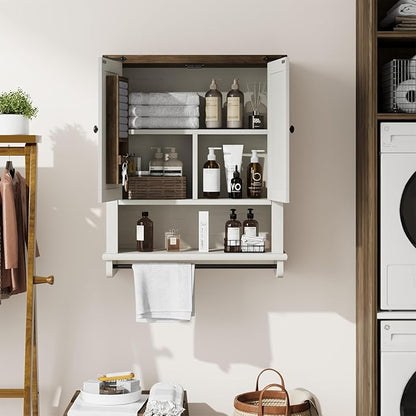 QUW Farmhouse Bathroom Wall Cabinet, Modern Medicine Cabinets with Towel Bar & Jewelry Holder, Over The Toilet Storage Cabinet with Barn Door for Laundry, Living Room, Hallway, Antique White