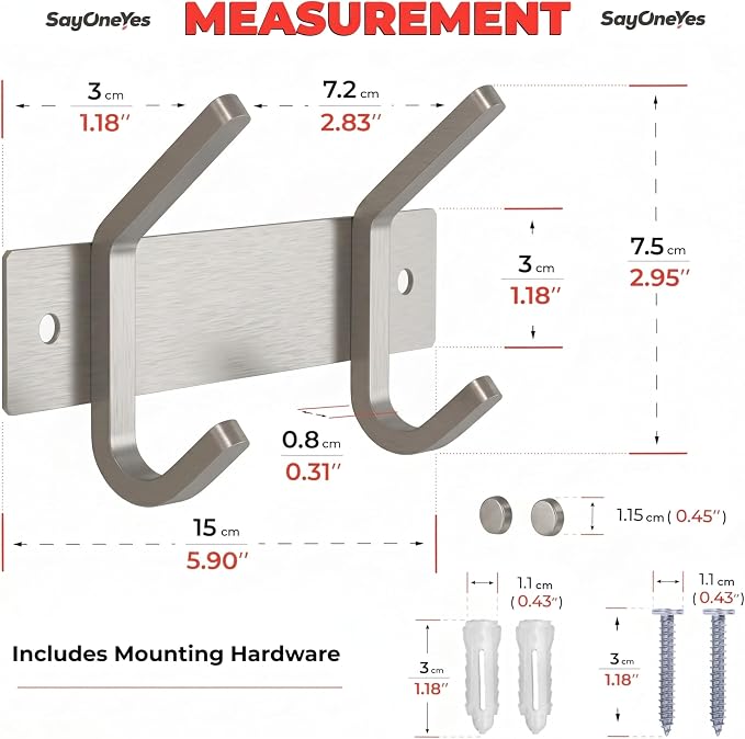 Small Coat Rack Wall Mount – Brushed Nickel 6 Inch Stainless Steel Hook Rail with 2 Heavy Duty Double Coat Hooks – Wall Mounted Coat Hanger for Entryway, Bathroom, Bedroom, Towel, Hat Organizer