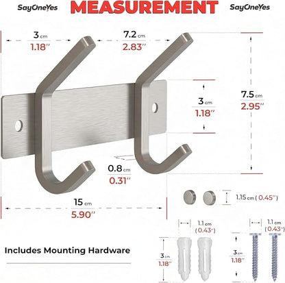 Small Coat Rack Wall Mount – Brushed Nickel 6 Inch Stainless Steel Hook Rail with 2 Heavy Duty Double Coat Hooks – Wall Mounted Coat Hanger for Entryway, Bathroom, Bedroom, Towel, Hat Organizer
