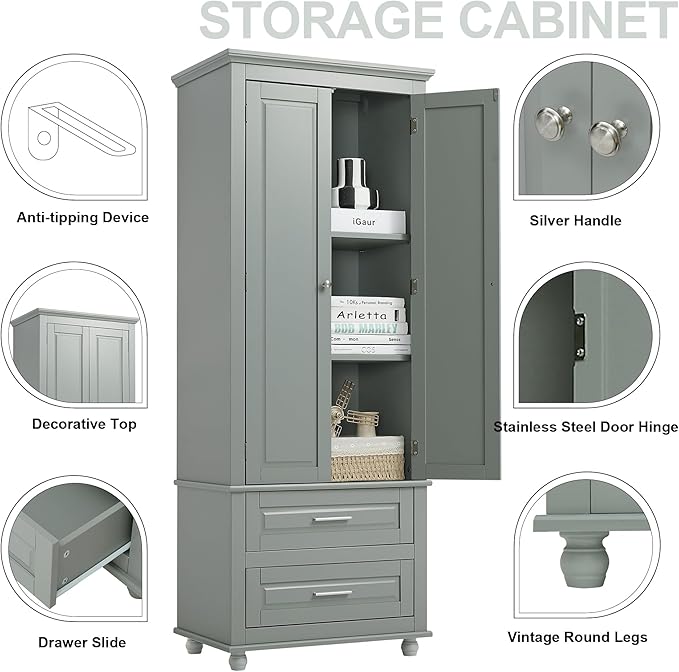 Storage Cabinet, Tall Bathroom Cabinet with Adjustable Shelf | Tall storage cabinet, upper enclosed cabinet and 2 pull-out compartments keep daily essentials organized