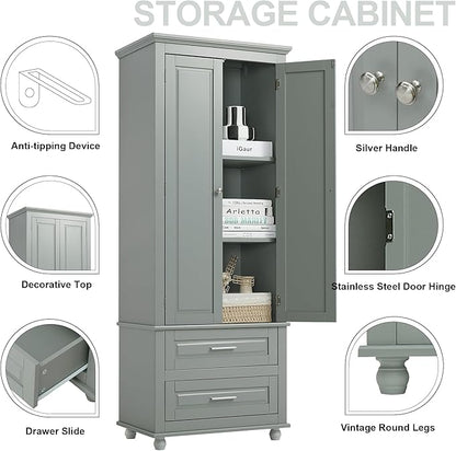 Storage Cabinet, Tall Bathroom Cabinet with Adjustable Shelf | Tall storage cabinet, upper enclosed cabinet and 2 pull-out compartments keep daily essentials organized