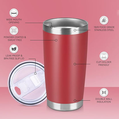 20 oz Tumbler Stainless Steel Tumblers Bulk with Lid Double Wall Insulated Coffee Tumbler Cups for Hot & Cold Drinks Powder Coated Travel Coffee Tumbler Mug Metal (Red, 1 pack)