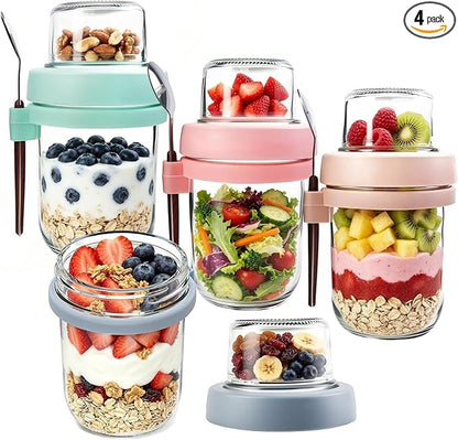 PFUM Overnight Oats Jars with Spoon and Lid 16+4 oz [4 Pack], Airtight Oatmeal Container with Leak-proof Meal Prep Containers Dry and Wet Separation Mason Jars with Lid for Cereal