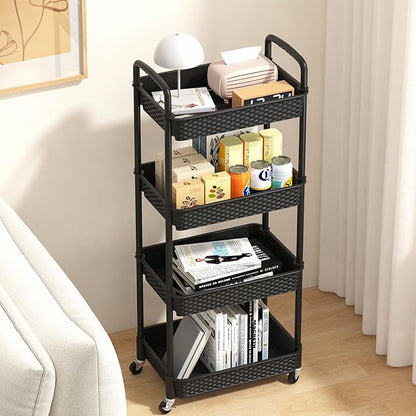 MOYIPIN 4-Tier Plastic Rolling Utility Cart with Handle, Utility Storage Cart for Office, Living Room, Kitchen, Movable Storage Organizer Shelves, Black