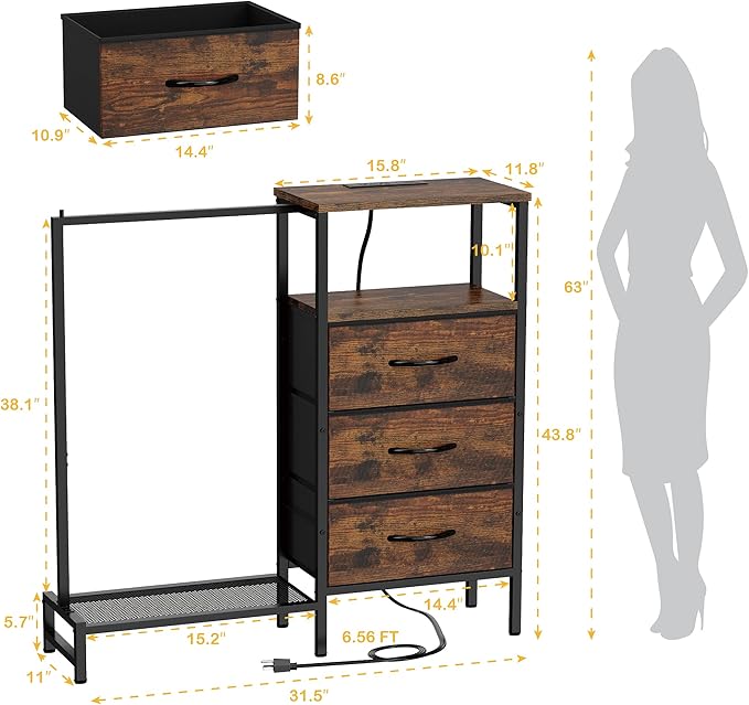 Dresser for Bedroom with Hanging Rack, 3 Drawers Closet with Charging Station, Faric Chest of Drawers with Clothes Rack, Storage Organzier for Hallway Entryway, Brown