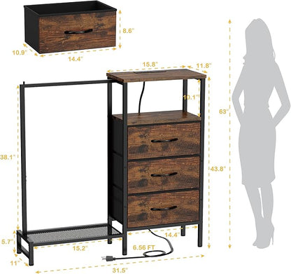 Dresser for Bedroom with Hanging Rack, 3 Drawers Closet with Charging Station, Faric Chest of Drawers with Clothes Rack, Storage Organzier for Hallway Entryway, Brown