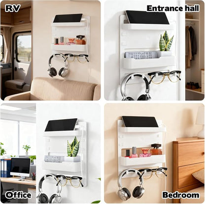 Sturdy Bedside Organizer Shelf for Dorm, Adhesive Bedside Wall Storage with Cable Clips, Space-Saving Floating Shelf for College Preppy Teen Adult Room Bedroom College Back to School Essentials