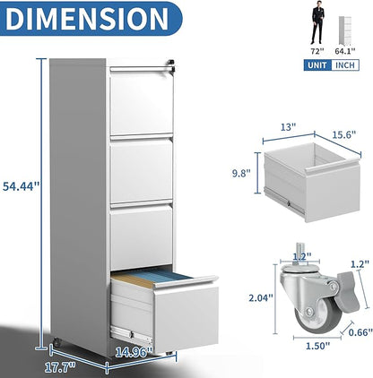 4 Drawer File Cabinet, Metal Vertical Filing Cabinets for Home Office, Steel Storage Cabinet for Hanging Legal/Letter Size Files, Assembly Required (White)