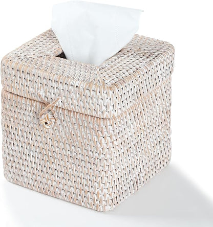 Rattan Square Tissue Box Cover, 5.7" x 5.7" x 5", Decorative Woven Facial Tissue Holder with Hinged Top Lid, Whitewash