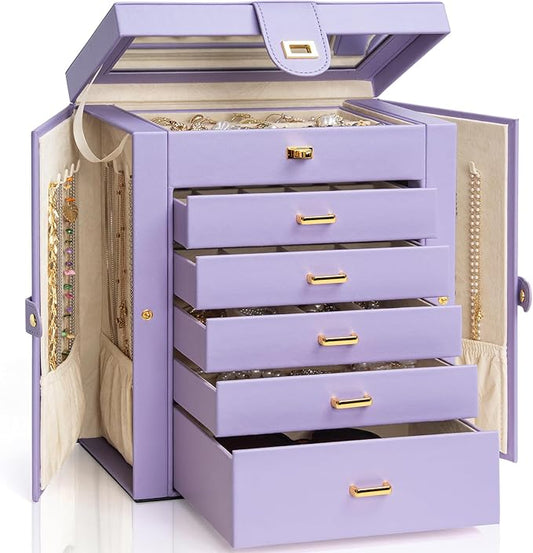 AKOZLIN 6-Tier Jewelry Box Organizer Functional 5 Drawers Leather Jewelry Storage Case for Women Girls Ring Necklace Earring Bracelet Holder Organizer with Mirror Violet Large