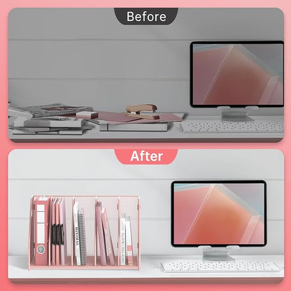 SUPEASY Binder Organizer, Magazine File Holder with 5 Vertical Compartments Rack, Metal Desk File Organizer & Binder Holders, Magazine Organizers for Office Desktop, Home, School, Classroom (Pink)