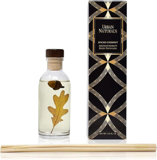 Urban Naturals Spiced Chestnut Reed Diffuser Sticks and Oil Set – Comforting Autumn Scent of Chestnuts, Cinnamon, Clove and Cedar Wood with Real Acorns and Fall Leaves – 3.75 Ounces – Made in the USA
