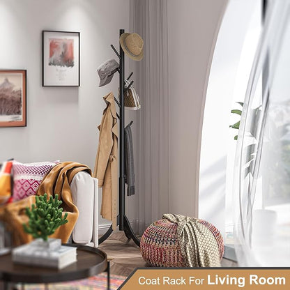 Coat Rack Freestanding, Coat Stands Entryway, Bamboo Coat Rack Hat Hanger 8 Hook for Jacket, Purse, Scarf Rack, Umbrella Tree Stand (Black)