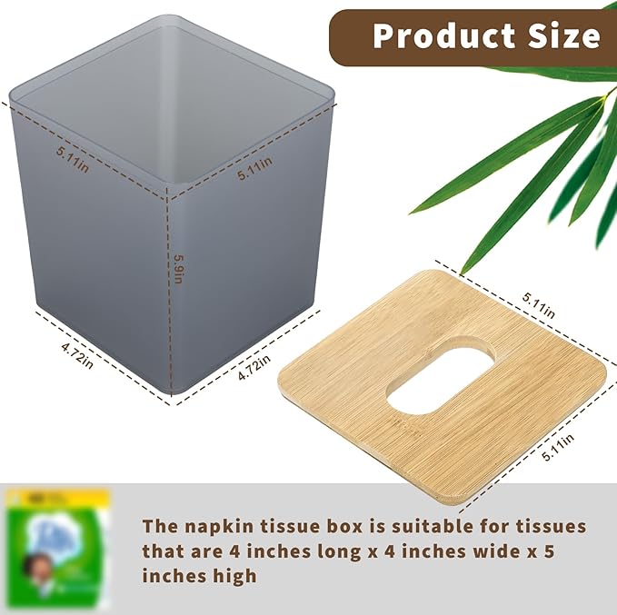 Tissue Box Cover Square,Tissue Box Holder with Bamboo Lid,Tissue Dryer Sheet Holder for Modern Farmhouse Boho Decor,1 Pack,(Black)