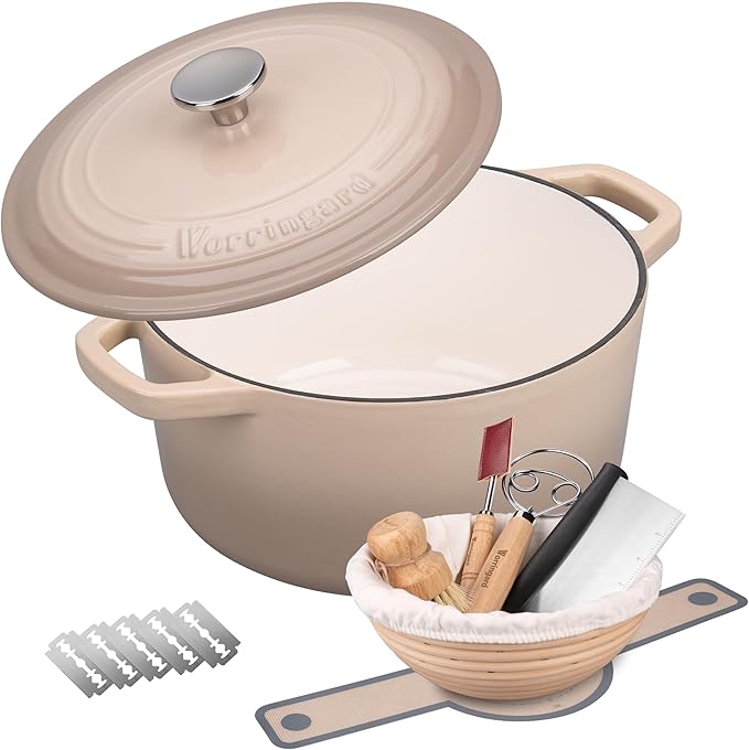 Enameled Cast Iron Dutch Oven Pot with Lid, for Bread Baking, Round Bread Oven- include Sourdough Bread Baking Supplies Set, 6QT, Latte