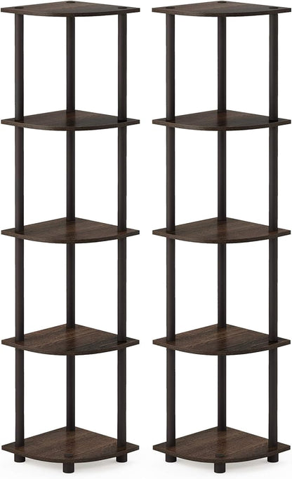 Furinno TURN-N-TUBE Corner Shelf Set of 2, 5-Tier Corner Bookshelf, Open Storage Shelves, for Organization and Storage, Living Room, Home Office, Garage, Walnut