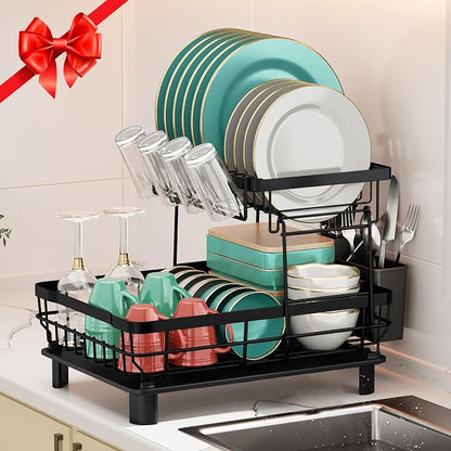MOUKABAL Dish Drying Rack, Dish Rack, Stainless Steel Dish Racks for Kitchen Counter, Dish Drainer with Removable Utensil Holder, Drainboard (Black,2 Tier,13''W x 17''L)