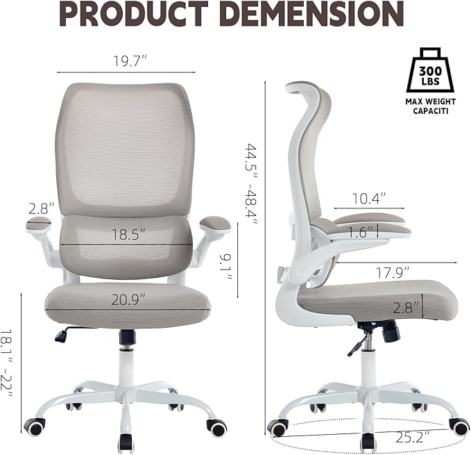 Ergonomic Office Chair, High Back Breathable Mesh Computer Desk Chair with Adjustable Lumbar Support and Flip-Up Armrests, 300LB Capacity Executive Swivel Task Gaming Seat for Home and Office (White)