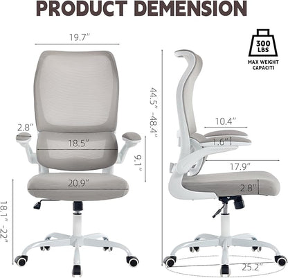 Ergonomic Office Chair, High Back Breathable Mesh Computer Desk Chair with Adjustable Lumbar Support and Flip-Up Armrests, 300LB Capacity Executive Swivel Task Gaming Seat for Home and Office (White)