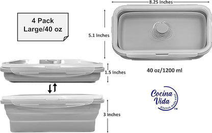 Cocina Vida Collapsible Silicone Food Storage Containers with Airtight Lids | Kitchen Stackable Lunch Box Microwave Dishwasher Safe| Set of 4 Silicone Food Storage Containers