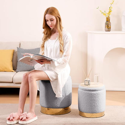 YYW HOME Sherpa Round Ottoman Set of 2 with Storage, 12 Gallon Hidden Storage Ottoman, Multi-Functional Footrest Stool, Vanity Seat, Coffee Table, No Assembly Required, Holds 300lbs (Gray)