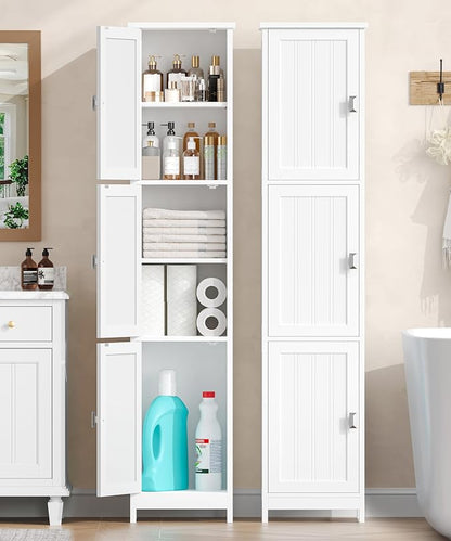 Tall Narrow Bathroom Storage Cabinet, 3-Tier Slim Storage Cabinet with Adjustable Shelves and 3 Doors, Linen Cabinet for Bathrooms, Living Room, Laundry Room, Kitchen, White