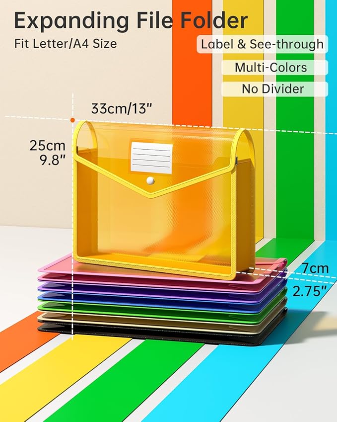 Plastic Expanding File Folder, Transparent envelopes with Snap Closure,No Dividers,Large Capacity,Assorted Colors,Bills&Taxes,Letter/A4 Size for School/Office/Home-7 Pack