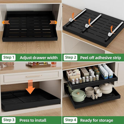 PAKETA 4 Pack Expandable Pull Out Cabinet Organizer, 21'' Deep Pull Out Drawers for Cabinets, Upgrade 3 Slide Rails Sliding Drawers for Cabinet with Adhesive Nano Film (Black, 21"D X 15-26"W ）