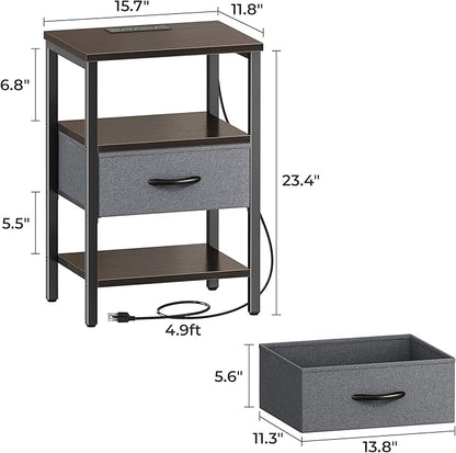SUPERJARE Nightstand Set of 2, Bed Side Tables with Charging Station, Adjustable Fabric Drawer, Night Stand for Bedroom, 3-Tier Storage End Tables, Walnut, 8694NC
