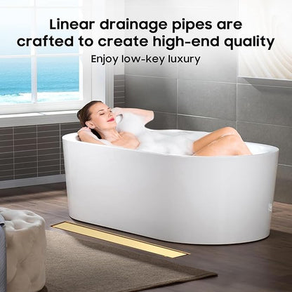 DLONE Linear Shower Drain | 28" AISI 304 Stainless Steel Linear Drain, Brushed Glod Shower Drain with Tile Insert Panel & Adjustable Feet, Long Rectangle Shower Floor Drain in Bathroom, Balcony, etc