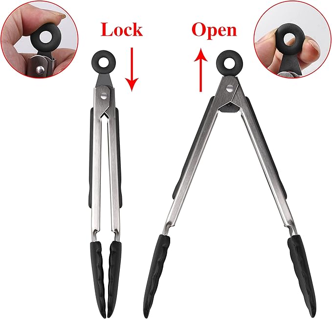 Hot Target Non-Stick Kitchen Tongs for Cooking - Set of 3: 7, 9, 12-Inch Cooking Tongs w/Rubber/Silicone Tips | Stainless Steel Tong, Metal | Salad Tongs, Pasta, Food Serving, Grill Tongs, Bbq