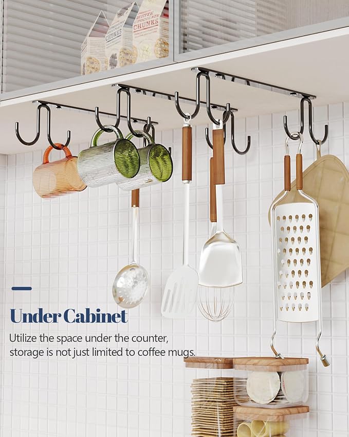Luckinow Mug Hooks Under Cabinet 3 Pack, Metal Cup Hooks for Hanging Under Shelf, Mug Organizer Rack with 12 Hooks for Displaying Mugs, Coffee Cups and Kitchen Utensils, Black