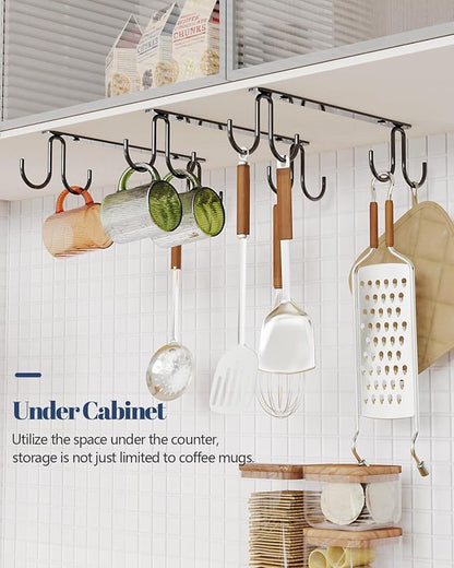Luckinow Mug Hooks Under Cabinet 3 Pack, Metal Cup Hooks for Hanging Under Shelf, Mug Organizer Rack with 12 Hooks for Displaying Mugs, Coffee Cups and Kitchen Utensils, Black